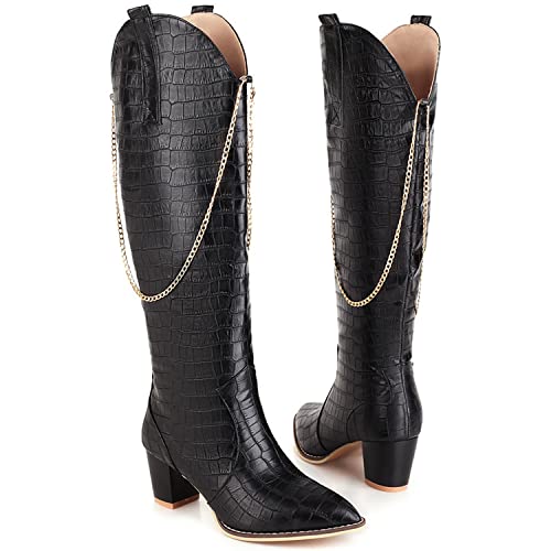 LEHOOR Women Chunky Heel Knee High Western Boots Wide Calf Pointed Toe Crocodile Cowboy Boots Gold Chain V-Cut Pull Up 2