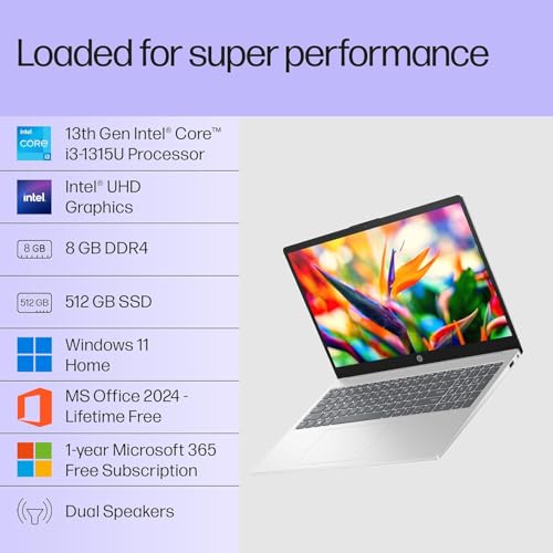 Image of HP 15 Smartchoice, 13th Gen Intel Core i3-1315U(8GB DDR4,512GB SSD) FHD, Anti-Glare, Micro-Edge, 15.6'' /39.6cm, Win11, M365(1yr)*Office24, Silver,1.59kg, fd0572TU, FHD Camera w /Shutter, Backlit Laptop