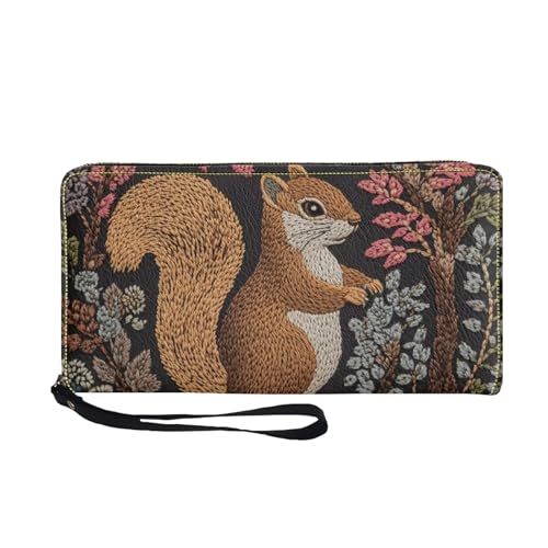Trendy Funny Women Wallet with Wrist Strap Squirrel Wallet for Women Travel Portable Wristlet Long Purse with Zipper Pu Leather Credit Card Holder for Ladies