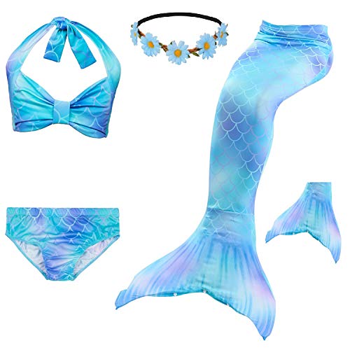 Fiskkidtail Colas de Sirena para Nadar 5pcs Bikini Conjuntos Cola Sirena Niña para Nadar Regalo Niña 3-12 Años (Blue Cyan, 120(5-6Y))