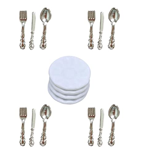 Ensemble de Couverts Miniatures 24 pièces, Mini Assiettes en Porcelaine argentées avec trancheuses, fourchettes, cuillères, Accessoires de Cuisine pour Maison poupée...