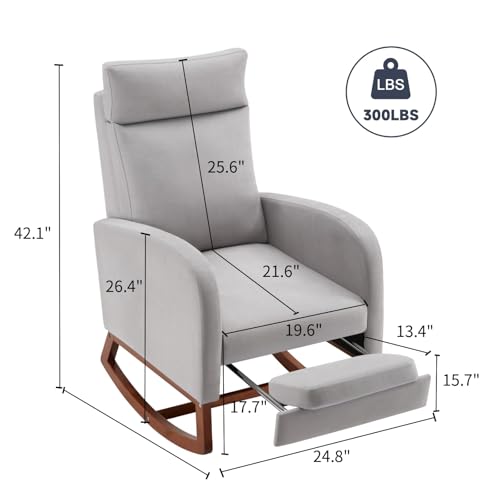 Image of Rocking Chair Nursery High Back Rest Glider Rocker with Footrest Nursing Rocking Chairs Upholstered Accent Arm Chair for Living Room Bedroom Indoor, Light Gray