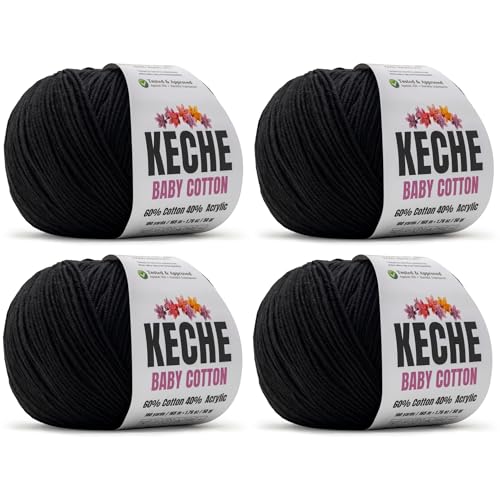 Image of Keche Cotton Yarn, 60% Cotton 40% Acrylic Yarn, Soft Cotton Yarn for Crochet and Knitting, Amigurumi Yarn 4 Skeins /Balls [1.76 Oz (50g) / 180 Yrds (165m)] x 4 - Black