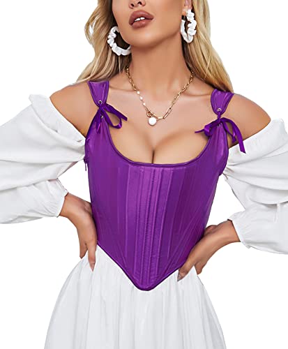 Image of Dreay Womens Vintage Asymmetrical Hem Overbust Corset Tie Front Lace-up Back Bustier Shapewear Top