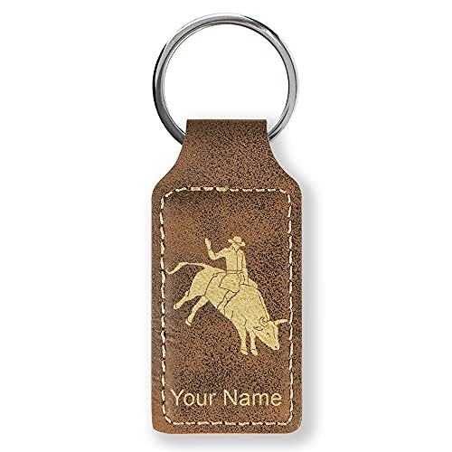 LaserGram Rectangle Keychain, Bull Rider Cowboy, Personalized Engraving Included (Rustic with Gold)