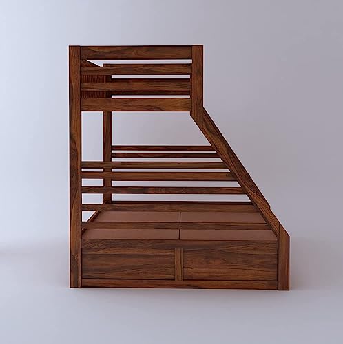 Image of APRODZ Wonderland Queen Size Solid Wood Bunk Bed | Wooden Twin Over Bed with Ladder for Kids' Room Bedroom Living Room Home (Teak)