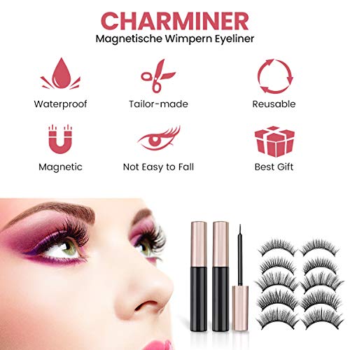 CHARMINER Magnetic Eyelashes with Eyeliner Lashes, Super Waterproof Magnetic Eyelashes with Tweezers, Women False Eyelashes 5 Style 3D Handmade Natural Eyeliner Long Lasting for Party, Daily(Pink)