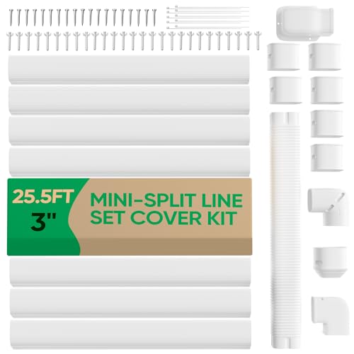 Plusluck 3" 25.5Ft Mini Split Line Set Cover, PVC Ductless Air Conditioner Decorative Pipe, Pump Covers, AC Line Cover Kit, for Outside Units Air Conditioners & Heat Pumps, All in One Set