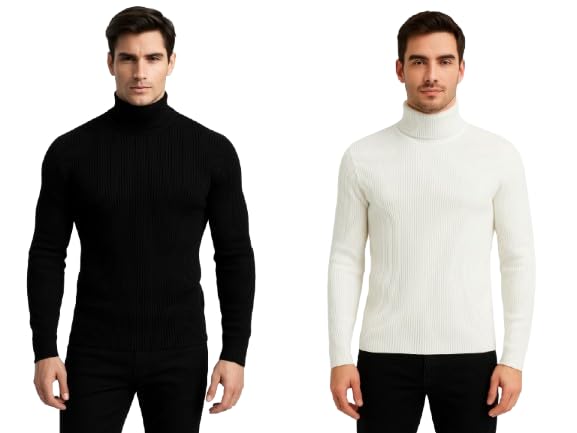 Ribbed Turtleneck Sweater, Men's Classic Slim Fit, Black and White, Long Sleeve-picture-23