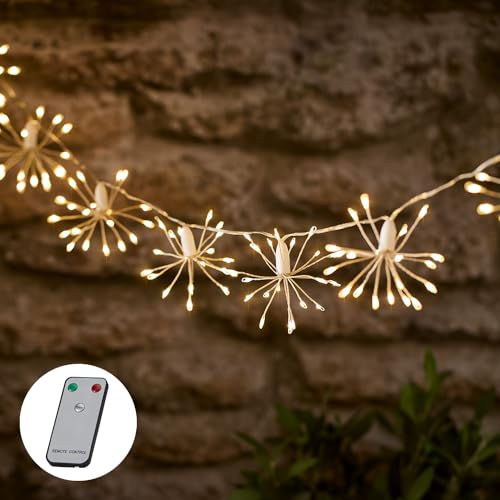 Lights4fun 200 Warm White LED Solar Powered USB Starburst String Fairy Lights on Clear Cable IP44 Rated for Outdoor Use