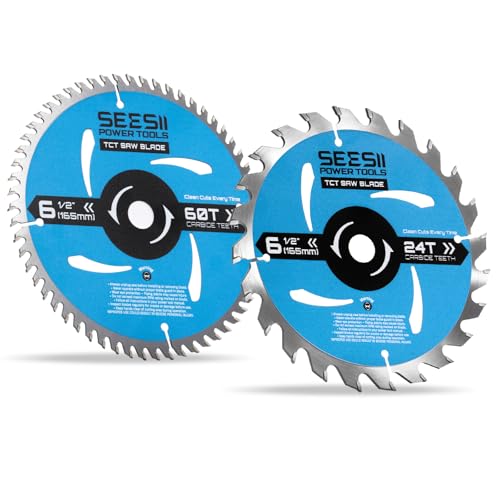 Seesii 6-1/2' Circular Saw Blades, 24T & 60T 2-Pack Combo, 5/8' Arbor, Carbide Tipped Teeth, Thin Kerf, Heavy Duty TCT Saw Blades for Wood Plywood MDF OSB Plastic Cutting, Fine & Ultra Finish