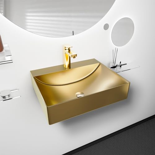Davivy Fregadero flotante dorado de 21.7 x 17.7 pulgadas con drenaje emergente, fregaderos de baño dorados montados en la pared, fregaderos de recipiente sobre encimera, fregaderos dorados para baños