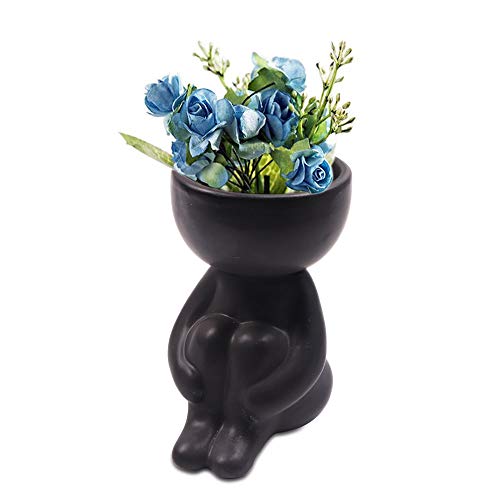 DIYOMR Grazioso vaso in ceramica umanoide, altezza 9,1 cm, per bonsai, cactus, per casa, ufficio, scrivania, piante non incluse (nero C)