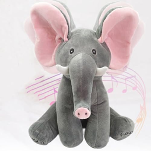 OUKEYI 32cm Musical Peek-a-Boo Elephant Plush Toy - Interactive Stuffed Animal With Moving Ears for Hide and Seek Fun