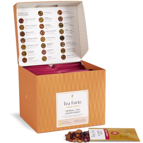 Image of Tea Forte Single Steeps Loose Leaf Tea Sampler Tea Chest, Assorted Variety Tea Box, 28 Single Serve Pouches, Herbal