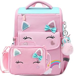 AO ALI VICTORY Unicorn Backpack for Girls with Lunch Box Set Kawaii Kids Toddler Bookbags Cute Kindergarten Preschool Elementary School Bag (Large, Pink Set -2 PCS)