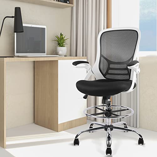 Image of HYLONE Drafting Chair, Tall Office Chair Mesh Standing Desk Stool with Adjustable Foot Ring, Flip-Up Arms, White & Black