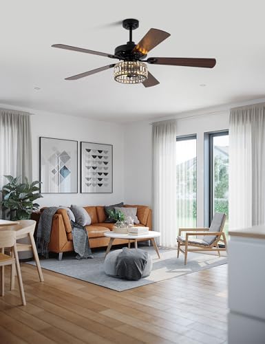Image of 60'' Farmhouse Chandelier Black Crystal Fandelier Ceiling Fan