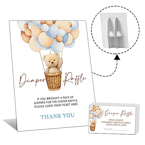 8x10 INCHES Diaper Raffle Sign with 50 Diaper Raffle Tickets, We Can Bearly Wait Baby Shower Games, Bear Balloon Baby Shower Party Decorations Supplies Favors - F02