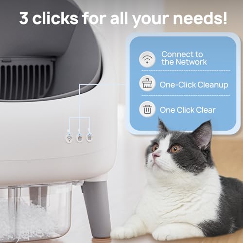 Open-Top Self Cleaning Litter Box, Automatic Cat Litter Box with APP Control, Dual Safety Sensors, Includes Trash Bags, Grey-White