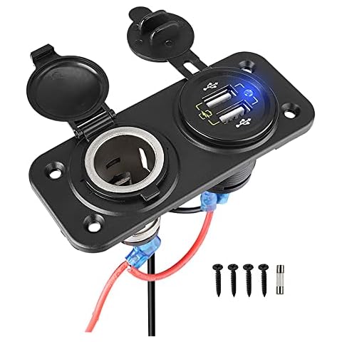 Siwinparts Dual USB Car Charger Socket Panel with 12V/24V Cigarette Lighter Socket - Quick Charge 3.0 USB Charger Car Power Outlet Socket Waterproof Cigarette Lighter Adapter for Car Boat Truck RV Cover