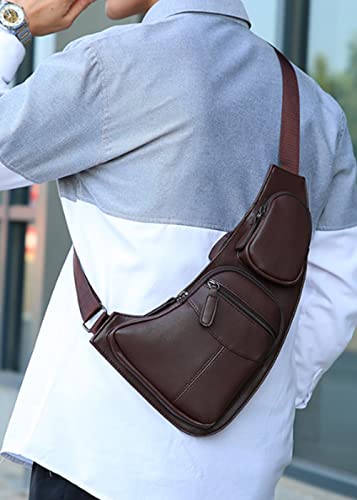 Men Travel Hiking Leather Sling Bag Outdoors Crossbody Daypack Chest Bags-Coffee b2