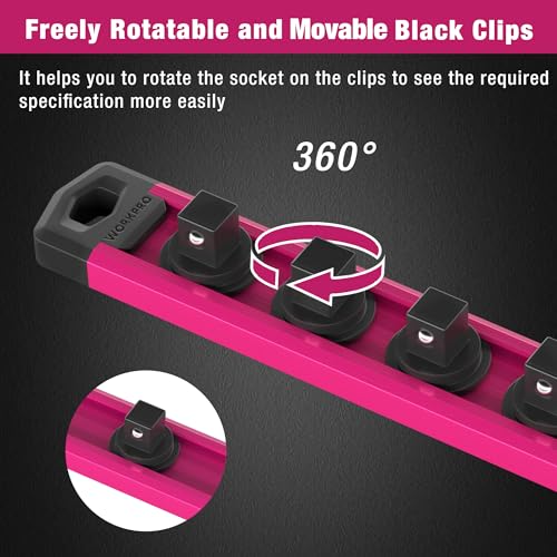 Image of WORKPRO Magnetic Socket Organizer, Heavy Duty 1 /4-Inch Drive Socket Rail | Aluminum Alloy, 12 Pieces Clips, Rotatable & Movable Clips, Efficient Organization