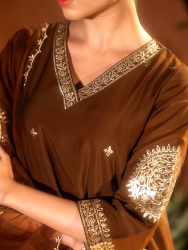 Image of FIORRA Women's Brown Viscose Chanderi Embroidered & Gota Patti Work Ethnic A-Line Kurta Set with Dupatta