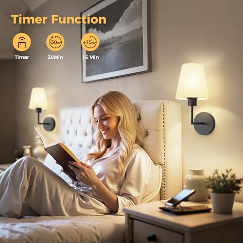 Image of DORESshop Battery Operated Wall Sconce Set of 2, Wall Light Wireless Easy to Install, Dimmable and Adjustable Sconces Wall Decor, Rechargeable Wall Lamp for Bedroom, Living Room, Black 13.8in
