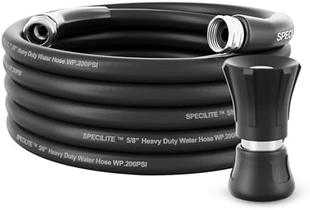 SPECILITE 5/8" Hot/Cold Water Hose 25 ft with High Flow Nozzle,Heavy Duty Flexible Garden Rubber Hose -50℉ to 158℉ With 3/4" Stainless Steel Fittings for Yard, Outdoor, Farm, Lightweight, Black