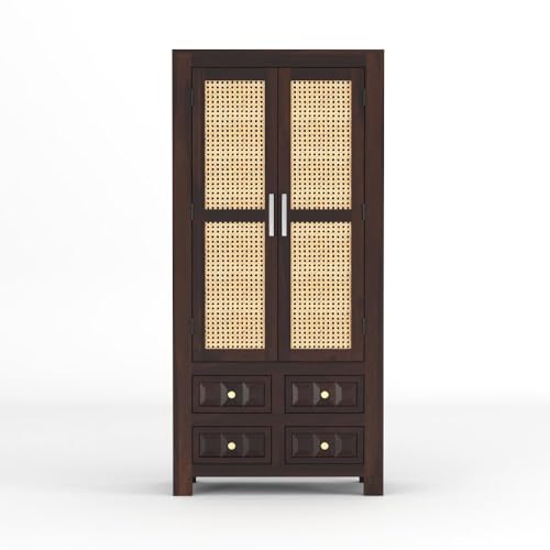 Image of PS DECOR Solid Sheesham Wood Bookshelf Cabinet with Cane Rattan Doors & 4 Drawers | Wooden Book Storage Unit for Home Library, Living Room & Office | Double Door Bookcase Organizer (Walnut Finish)