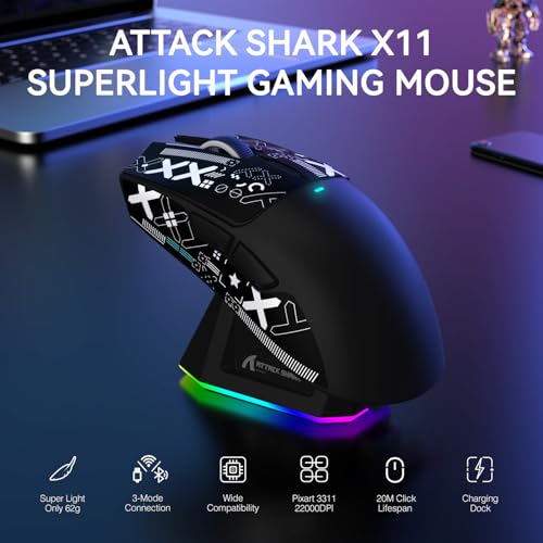 Image of ATTACK SHARK X11 Wireless Gaming Mouse, PAW3311 Sensor, Lightweight, RGB Charging Dock, 22,000 DPI, Tri-Mode Connectivity, 5 Programmable Buttons, Grip Tape Included - Black