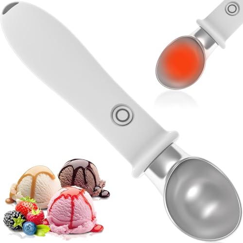Electric Heated Ice Cream Scoop Rechargeable - Dual Temp 113°F/140°F Warming Scooper for Rock Hard Ice Cream, Gelato & Sorbet, Nonstick Ergonomic Handle with Safety Lock (White)