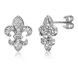 BERRICLE Sterling Silver Fleur De Lis Cubic Zirconia CZ Stud Earrings for Women, Rhodium Plated