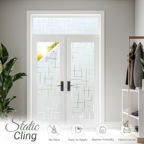 Image of CREON Window Privacy Frosted Glass Window Film (24 X 60 Inch) Decorative Privacy Cling UV Blocking Staic Cling Bathroom Glass Frosting Sticker Non-Adhesive Front Door Cover, Cross Pattern