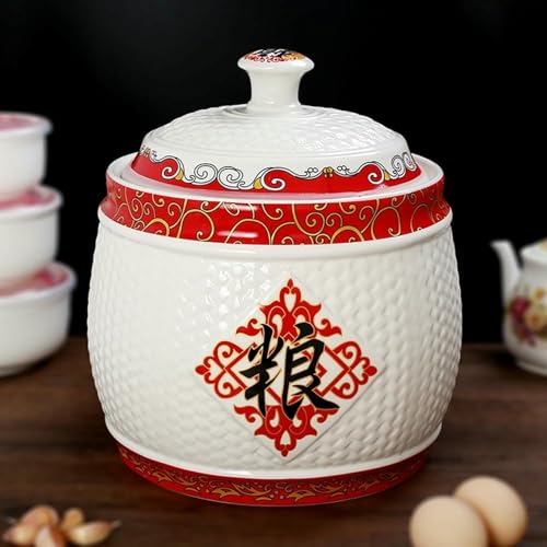 Ceramiczny pojemnik do przechowywania ryżu z pokrywką - Duży dozownik żywności na ryż, fasolę, kukurydzę, pszenicę i płatki owsiane - Szczelny słoik na ziarno do organizacji kuchni i świeżości