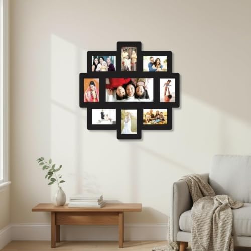 Image of Creative Arts n Frames One Piece Joint less Wooden Multi Picture Collage Photo Frame Home Decor Items Wall Decoration for living room Gift (Photo frame 9 Picture 12x6 Middle 23.5X23.5)