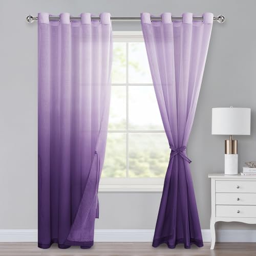 XWZO Ensemble de rideaux en voilage dégradé Ombre pour chambre et salon, avec boucle et attaches, 225 x 140 cm (H x L), Violet
