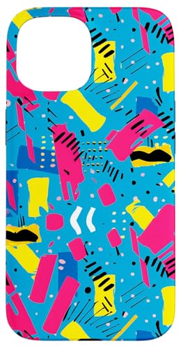 ブルー ピンク イエロー レトロ 80年代 90年代 絵画柄 スマホケース iPhone 15 用