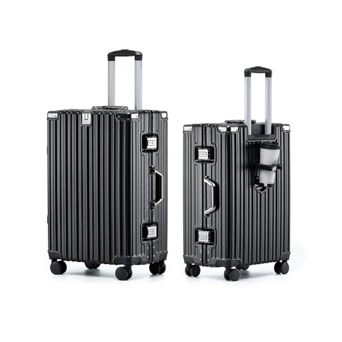 HotWay 20 Inch Aluminum Frame Carry On Luggage with Spinner Wheels, PC Hard Shell Suitcase with Cup Holder, Zipperless Luggage for Business Travel, Black