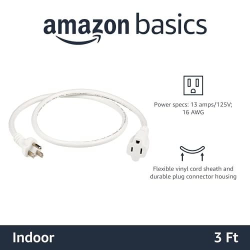 Image of Amazon Basics Extension Cord, 3 Ft, 3-Prong Outlet Extender, Indoor Use, 13 Amps, 125V, White