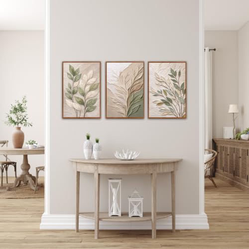 Image of CHDITB 3D Impasto Sage Green Leaf Wall Art, Boho Earth‑Tone Foliage Decor