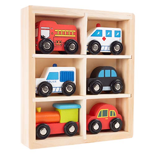 Image of Hey! Play! Wooden Car PlaySet-6-Piece Mini Toy Vehicle Set with Cars, Police and Fire Trucks, Train-Pretend Play Fun for Preschool Boys and Girls