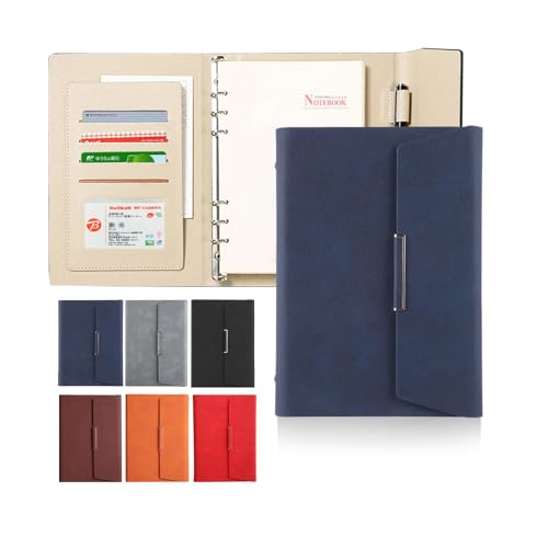 ALLMIRA システム手帳 a5 6穴 PUレザー 革 リング ノート バインダー 手帳カバー a5サイズ 三つ折り リフィル付き メモ帳 カード収納 ビジネス ルーズリーフ (青い)