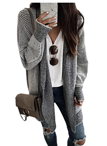 Sidefeel Womens Cardigan Plaid Open Front Chunky Knit Oversized Long Cardigan Sweaters Coat Black Medium