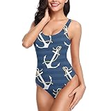 Damen Einteiliger Badeanzug - Frauen Sexy Backless Body Bademode, Bauch Kontrolle Badeanzüge, Anker Gedruckt Schwimmen Kostüm Sport Surf Anzüge Top Athletic Beachwear Plus Size, S