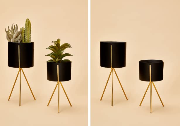 Image of Planter stand indoor rustproof durable stylish modern shelf living room sturdy stable decor decoration Pot Stand mid century - Small (Set of 2 Black)