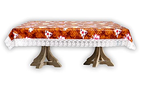 Image of The Furnishing Tree Waterproof PVC Rectangle Shaped 2 Seater Table Cover WxL 45x70 inches Floral Pattern Orange with White Border lace