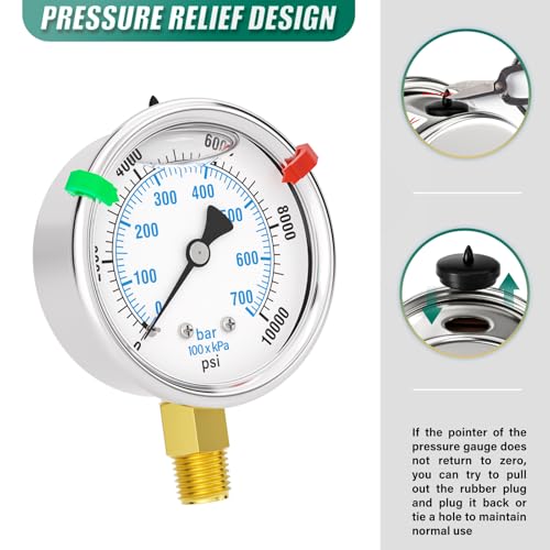 Image of 0-10000PSI Stainless Steel Liquid Filled Pressure Gauge, 2.5 inch Dial Size, 1 /4 inch NPT Lower Mount, for Tube, Water Pump, Gas, Liquid, Pressure Test (with Range Mark Pointer)
