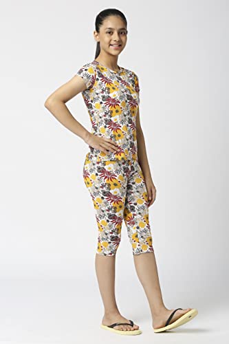Image of SINI MINI Round Neck with Half Sleeve Top & Capri Beige Girls Casual Pack of 1 Night Suit Set